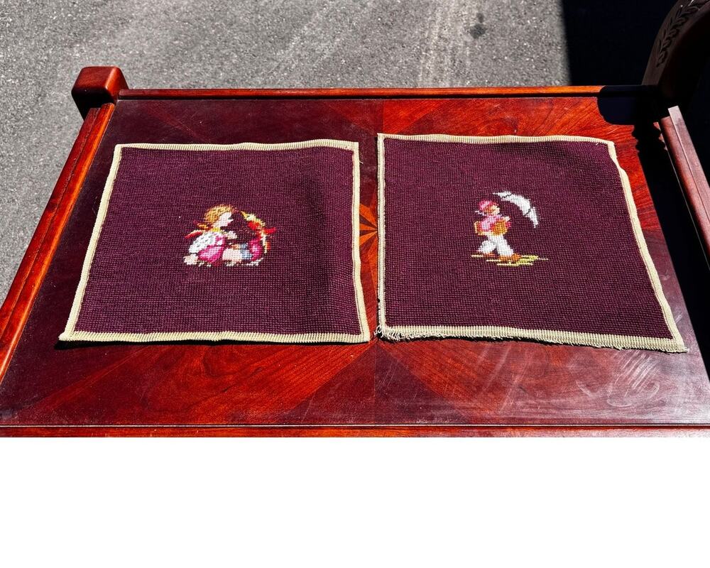 vintage pair hand-stitched needlepoint tapestry panel boy w/bird girl w/umbrella